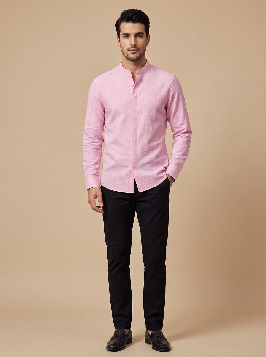 Camisa de hombre con cuello alto y tacto de lino - Manga larga informal