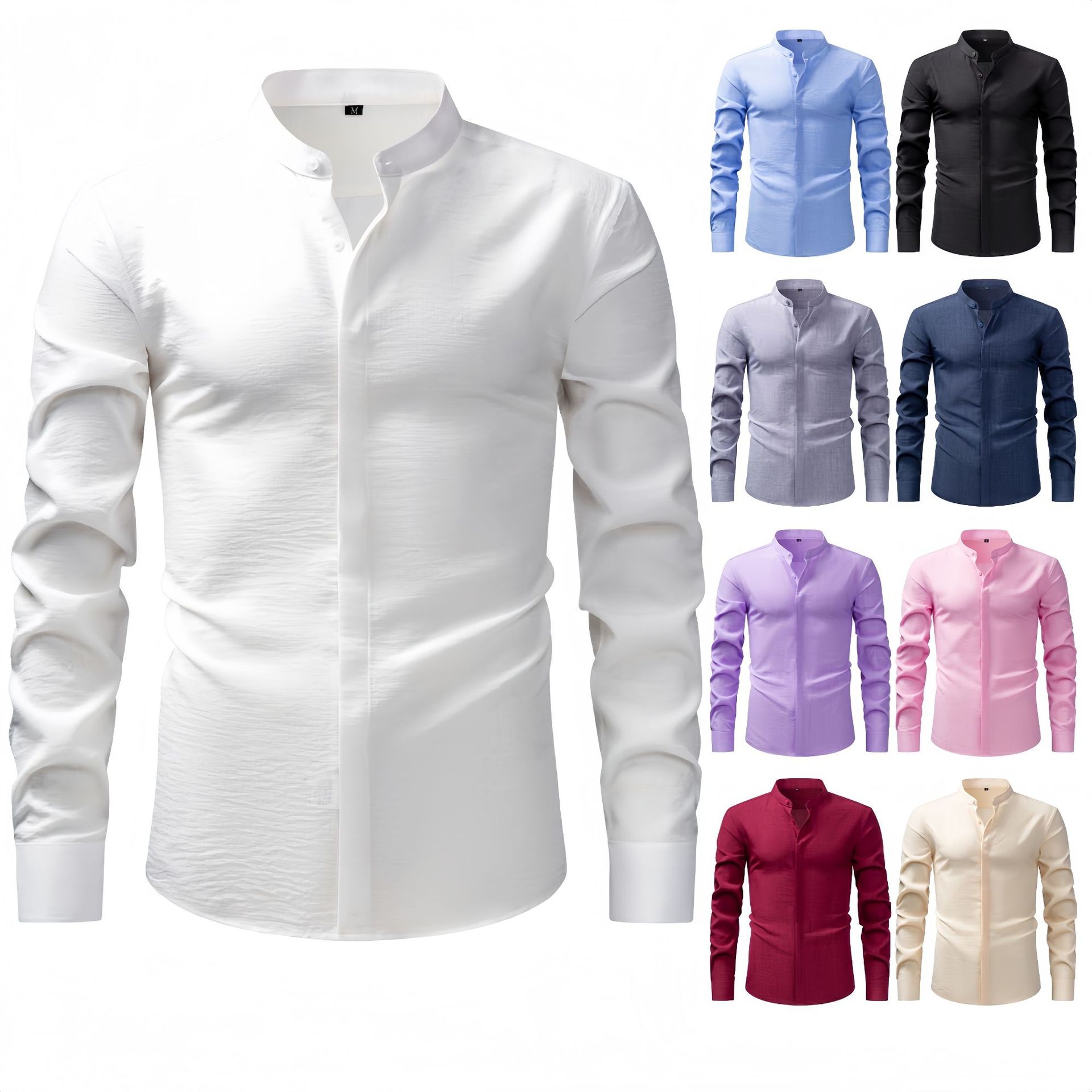 Camisa de hombre con cuello alto y tacto de lino - Manga larga informal