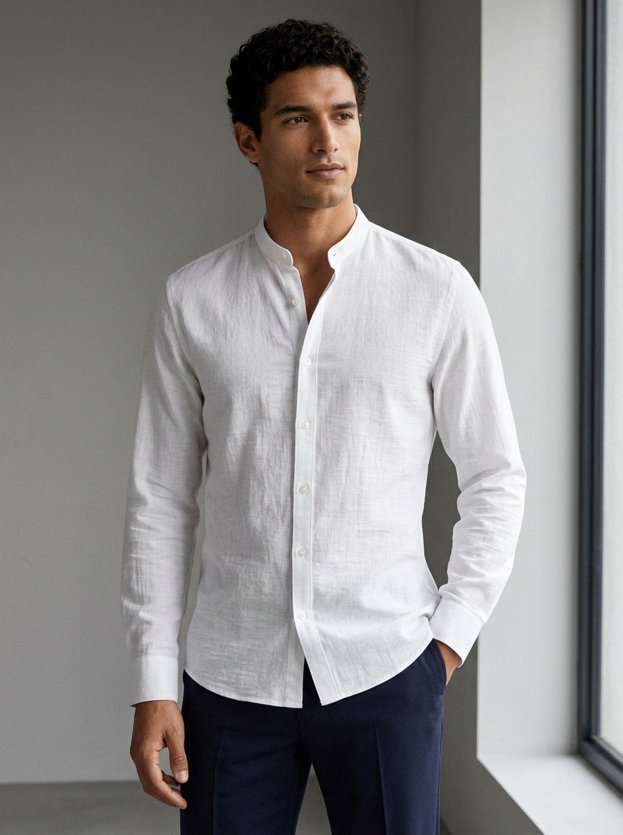 Camisa de hombre con cuello alto y tacto de lino - Manga larga informal