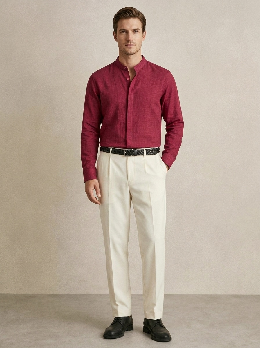 Camisa de hombre con cuello alto y tacto de lino - Manga larga informal