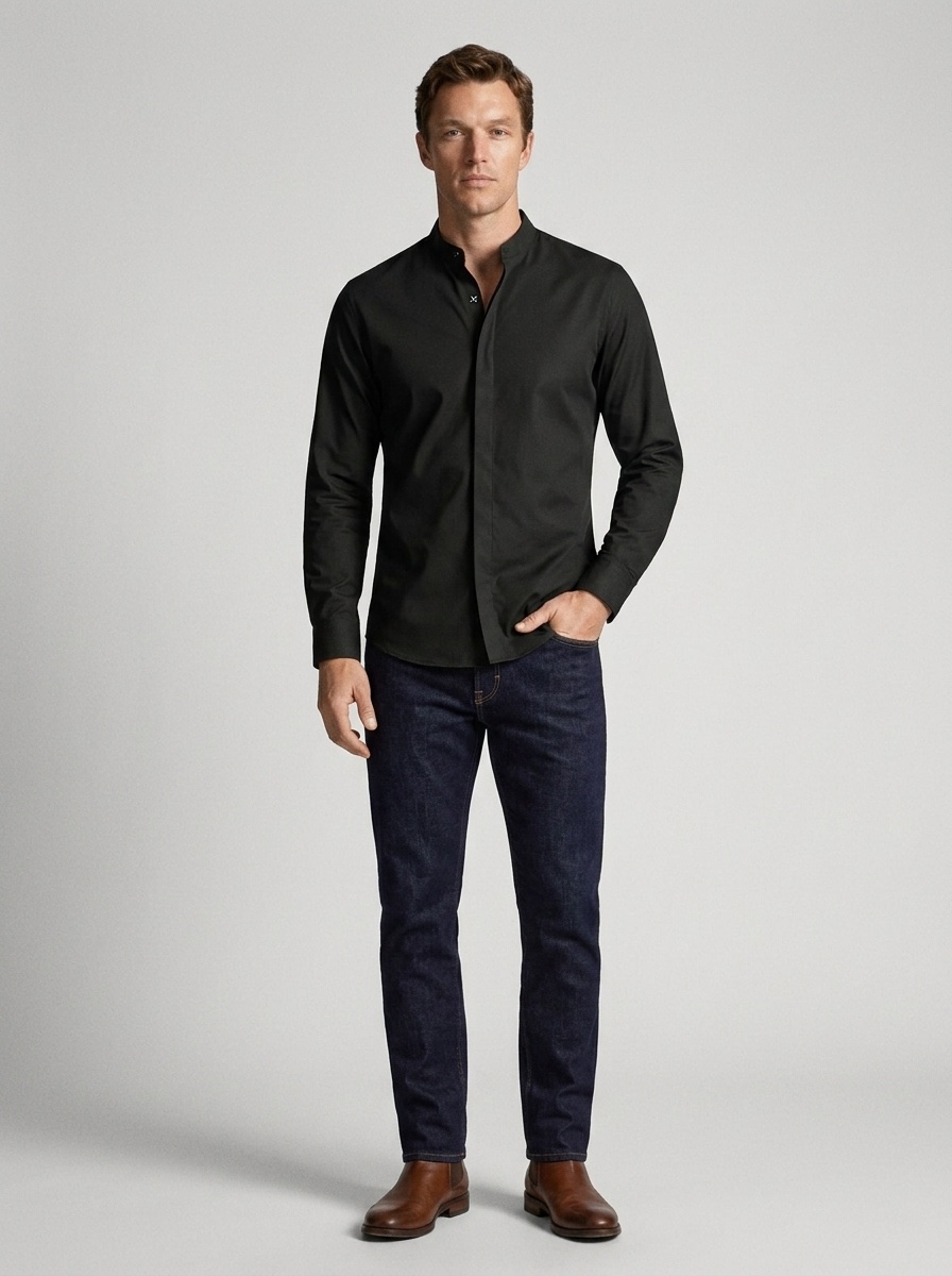 Camisa de hombre de corte ajustado con cuello mao - Estilo casual de negocios