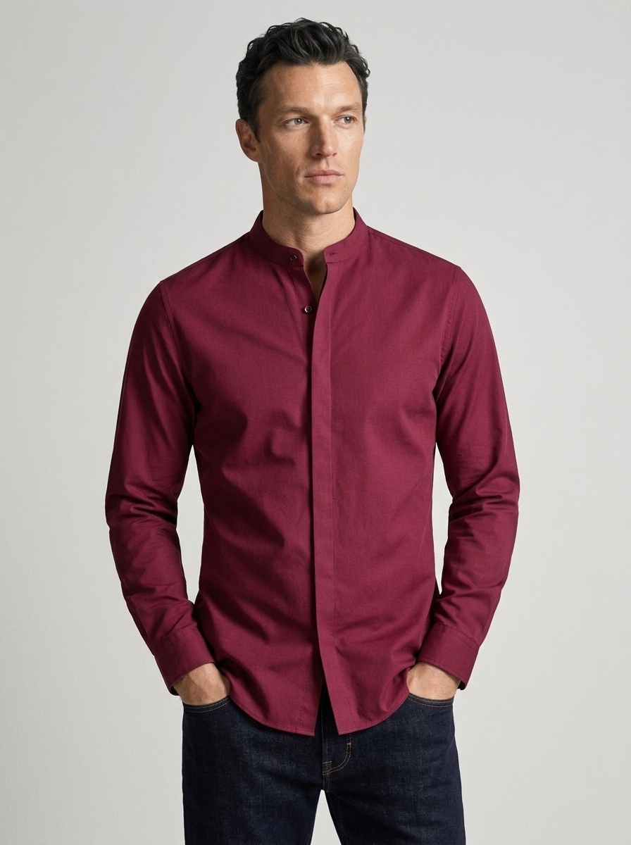 Camisa de hombre de corte ajustado con cuello mao - Estilo casual de negocios