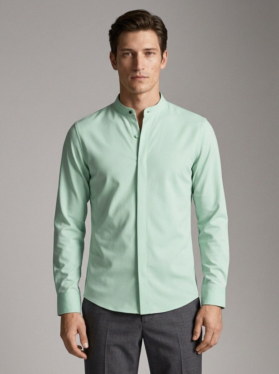 Camisa de hombre de corte ajustado con cuello mao - Estilo casual de negocios