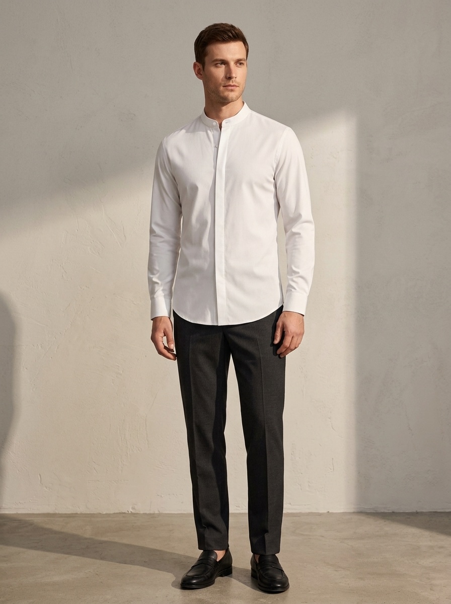 Camisa de hombre de corte ajustado con cuello mao - Estilo casual de negocios