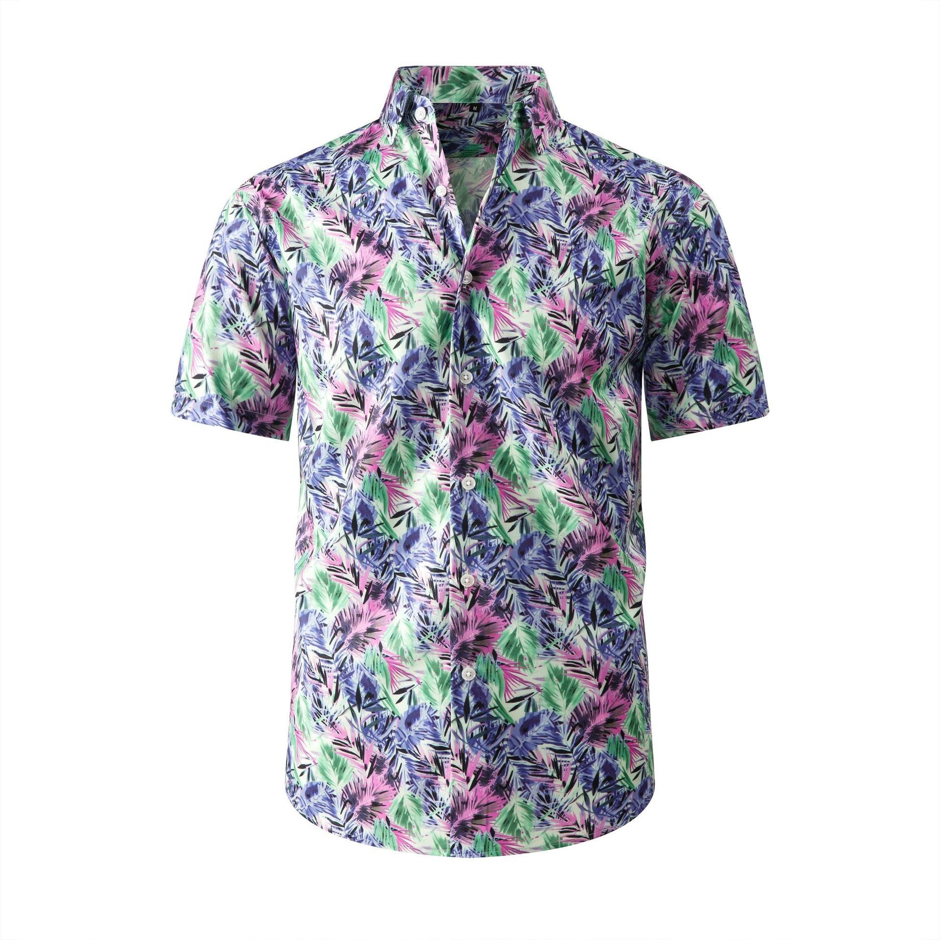 Camisa de manga corta elástica con estampado digital hawaiano para hombre - Camisa fresca y sin arrugas