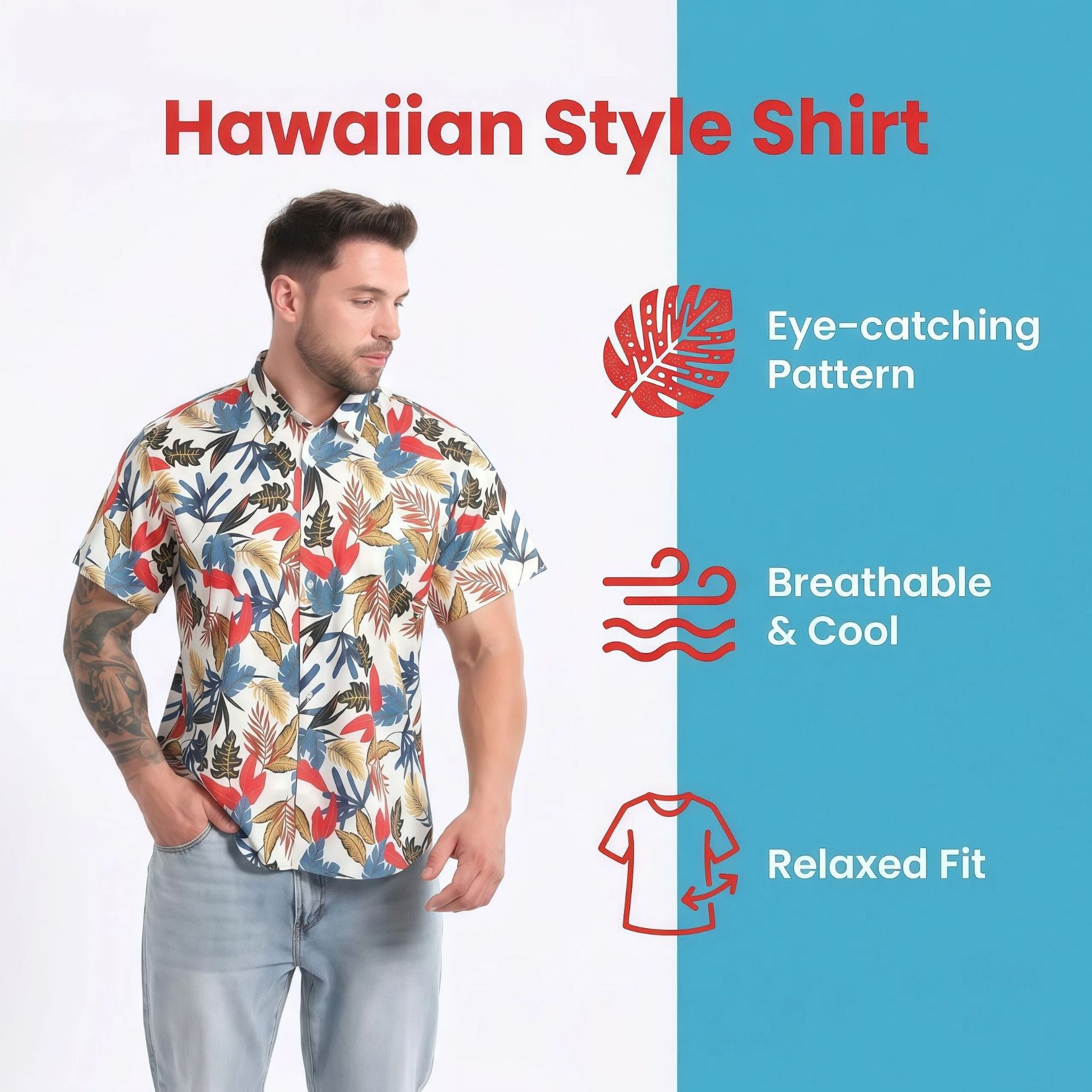 Camisa de manga corta elástica con estampado digital hawaiano para hombre - Camisa fresca y sin arrugas