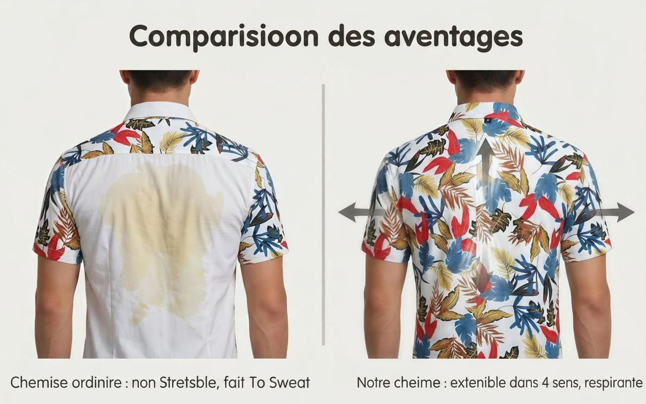 Chemise hawaïenne imprimée numérique pour homme, manches courtes, élastique - Infroissable et agréable à porter