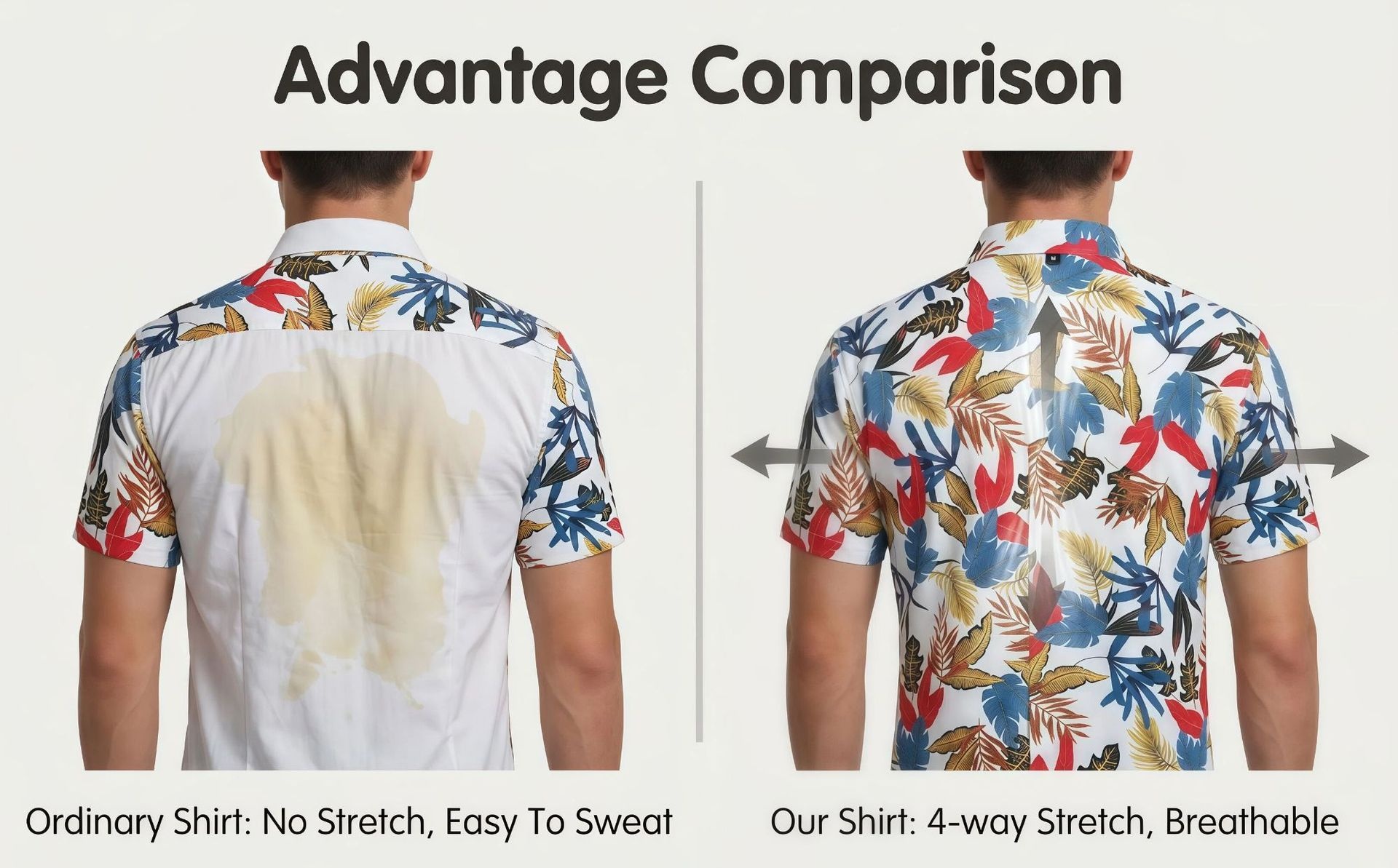 Camisa de manga corta elástica con estampado digital hawaiano para hombre - Camisa fresca y sin arrugas