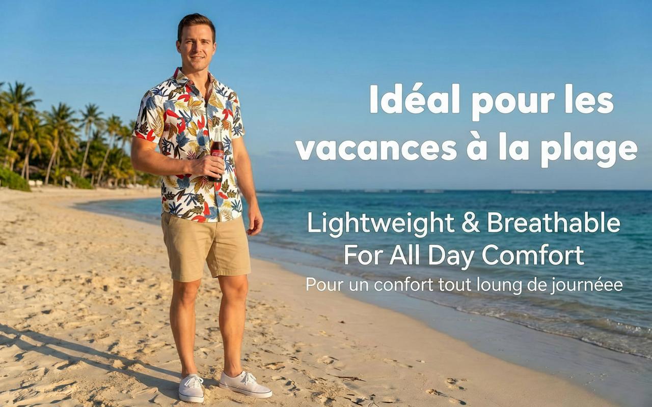 Chemise hawaïenne imprimée numérique pour homme, manches courtes, élastique - Infroissable et agréable à porter