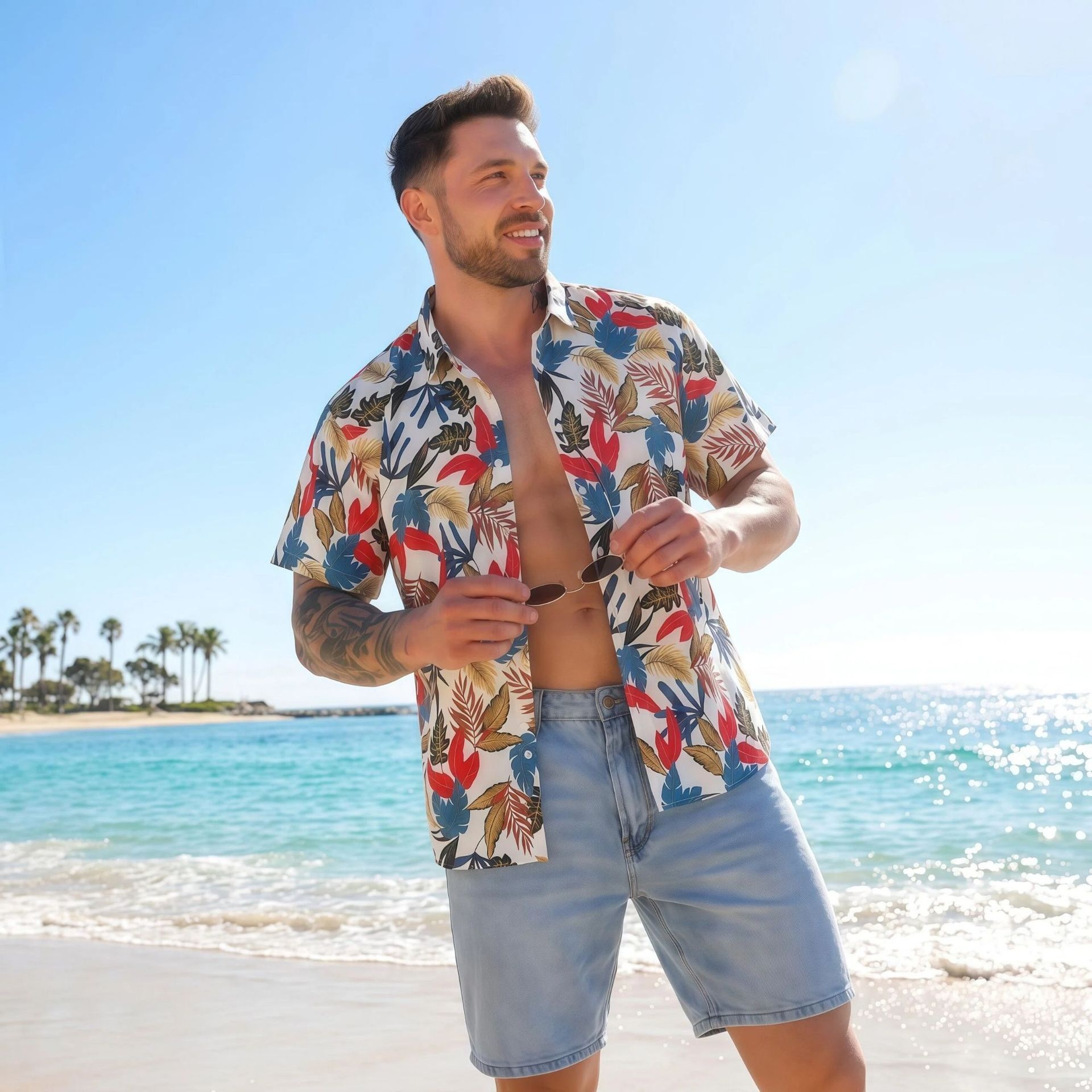Camisa de manga corta elástica con estampado digital hawaiano para hombre - Camisa fresca y sin arrugas