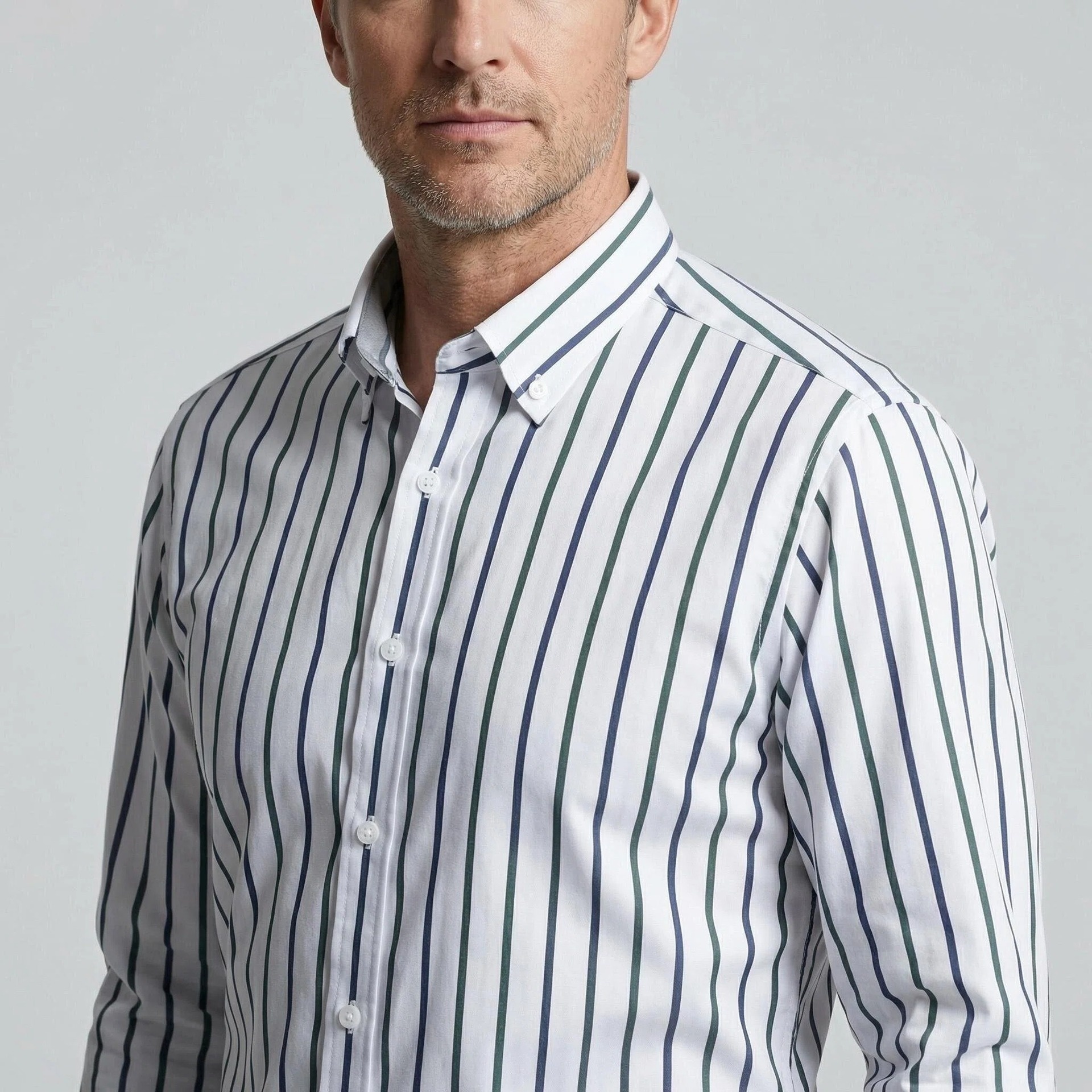Camisa de hombre de manga larga con solapa y rayas digitales, elástica en cuatro direcciones - Diseño de alta gama