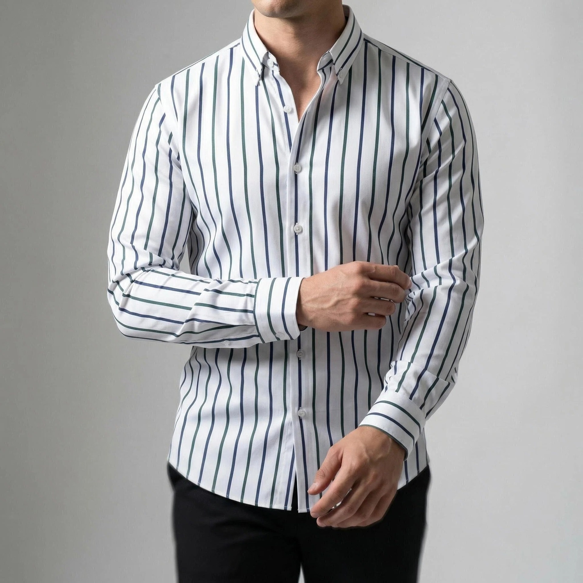 Camisa de hombre de manga larga con solapa y rayas digitales, elástica en cuatro direcciones - Diseño de alta gama