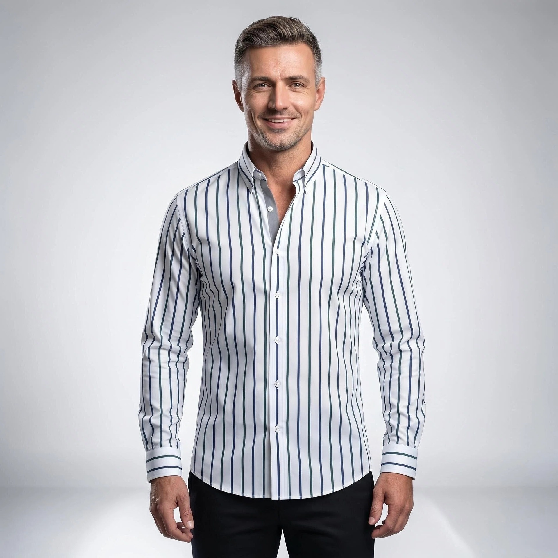Camisa de hombre de manga larga con solapa y rayas digitales, elástica en cuatro direcciones - Diseño de alta gama
