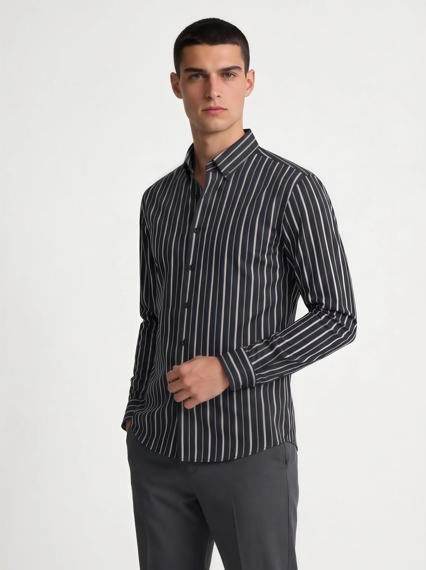 Camisa de hombre con cuello mao - Transpirable y con tacto de lino.