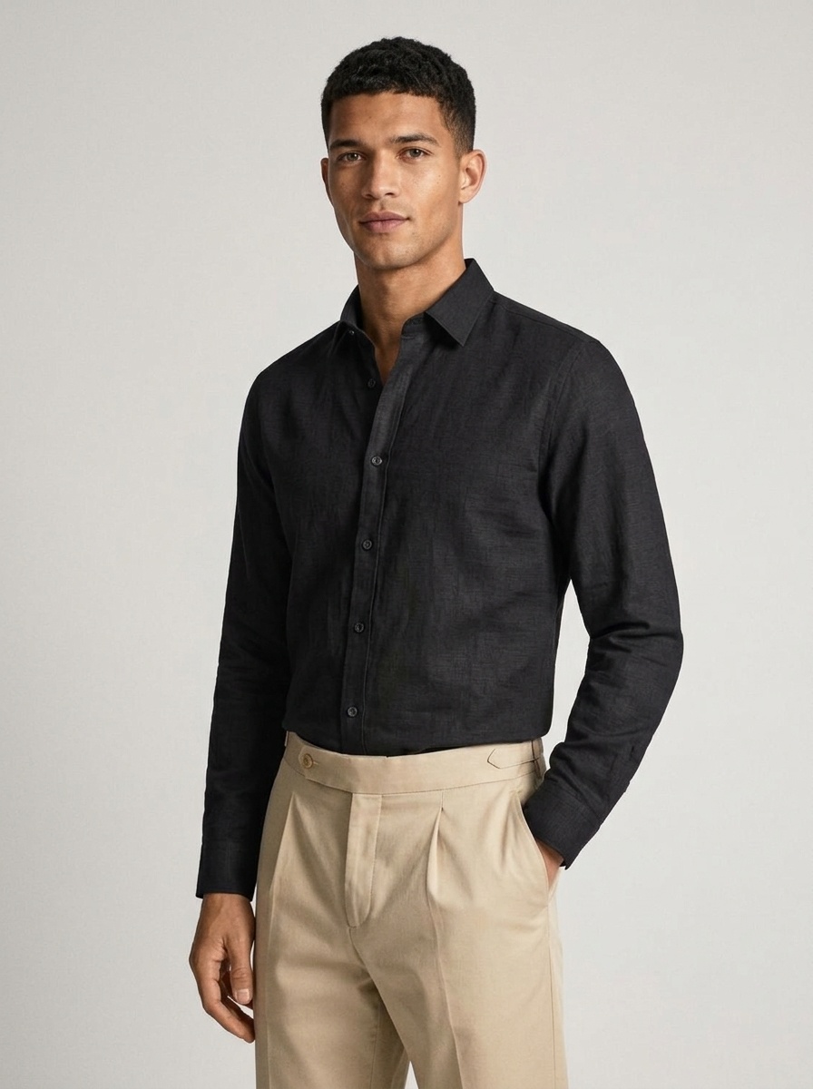 Camisa de hombre con cuello cuadrado, resistente a las arrugas y con tacto de lino.