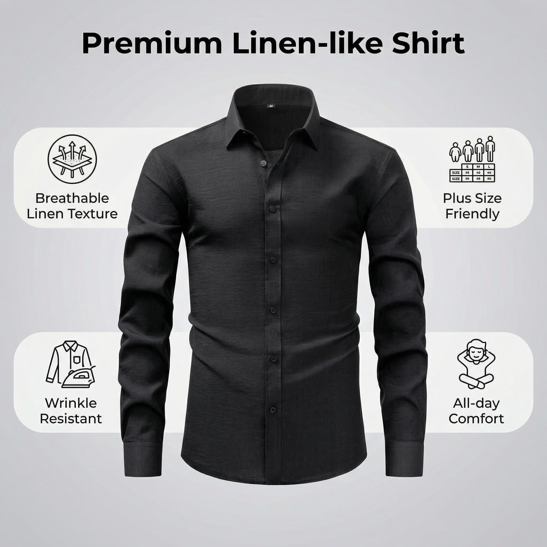 Camisa de hombre con cuello cuadrado, resistente a las arrugas y con tacto de lino.