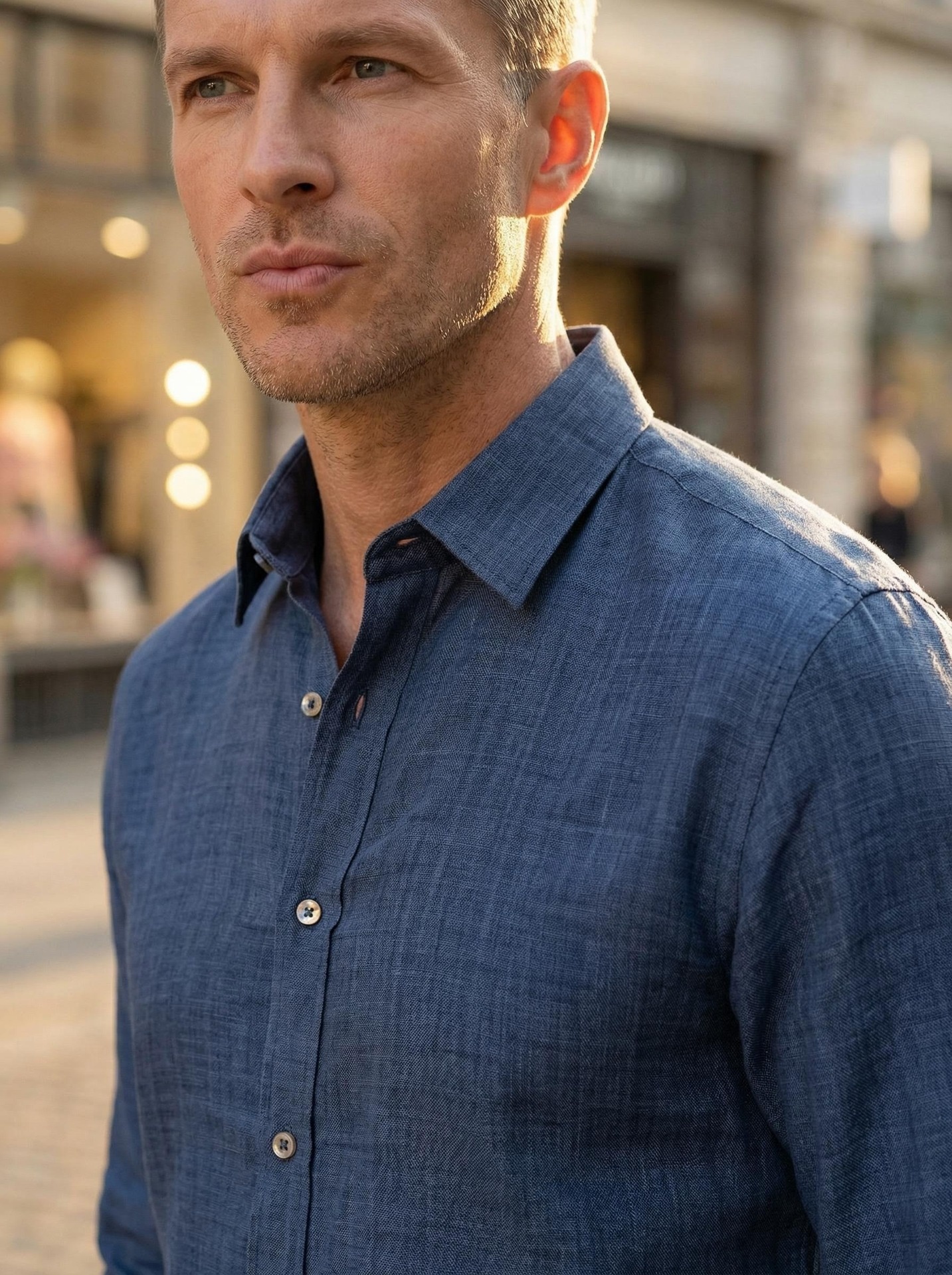 Camisa de hombre con cuello cuadrado, resistente a las arrugas y con tacto de lino.