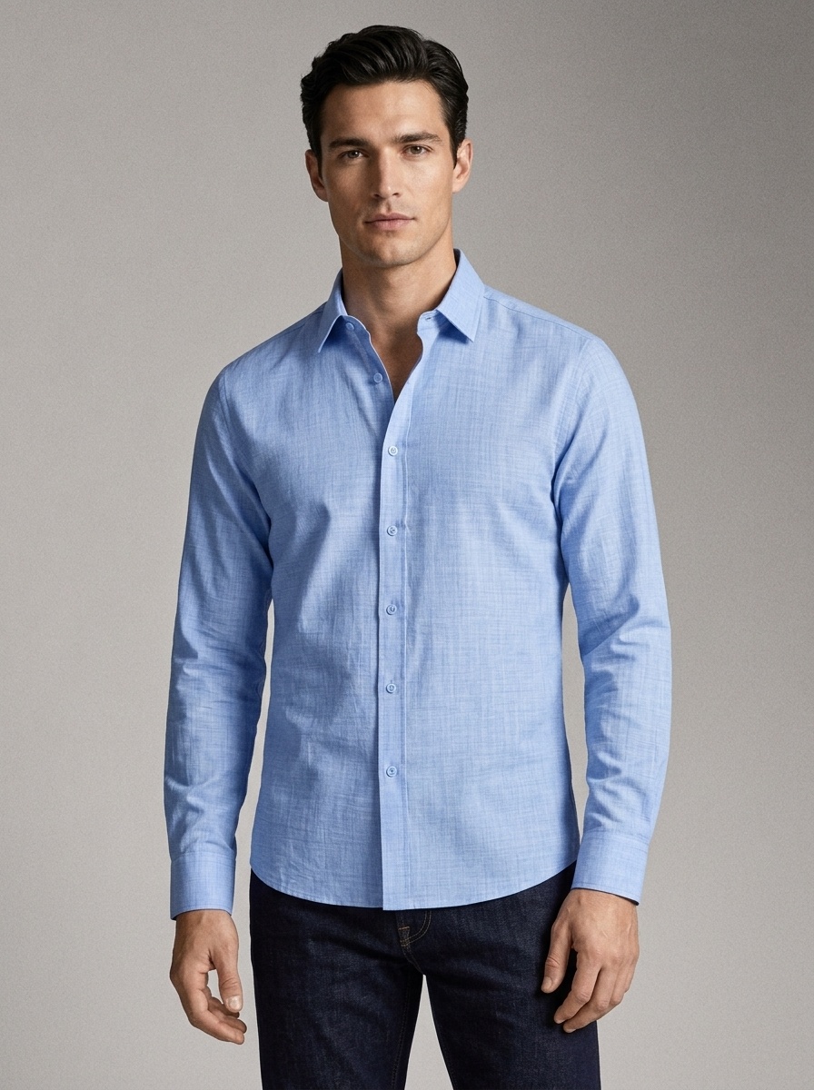 Camisa de hombre con cuello cuadrado, resistente a las arrugas y con tacto de lino.