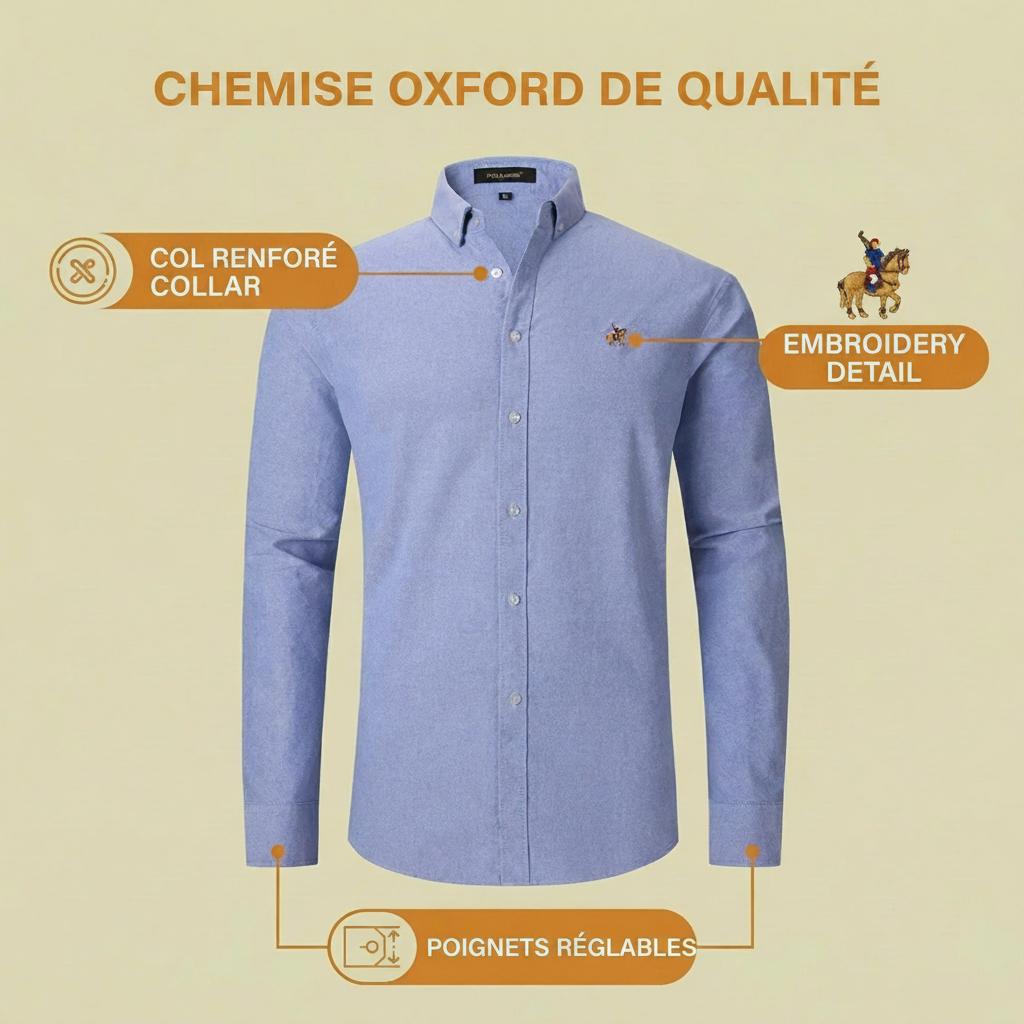 Chemise à manches longues pour homme en pur coton, tissu Oxford, couleur unie