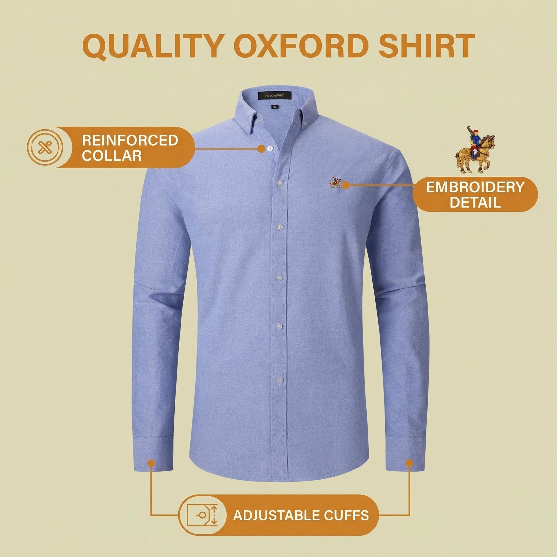 Camisa de manga larga para hombre de algodón puro, tejido Oxford, color liso.
