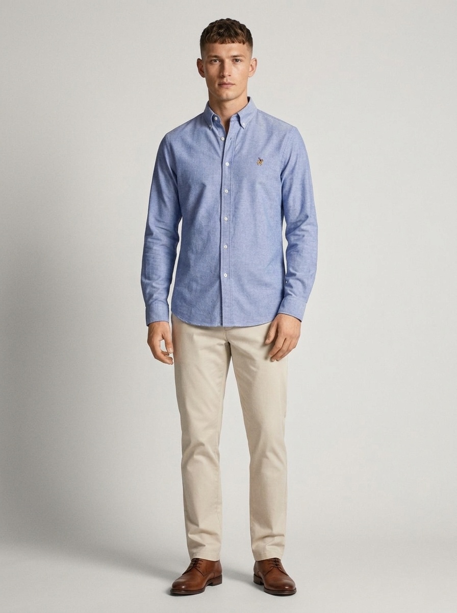 Camisa de manga larga para hombre de algodón puro, tejido Oxford, color liso.
