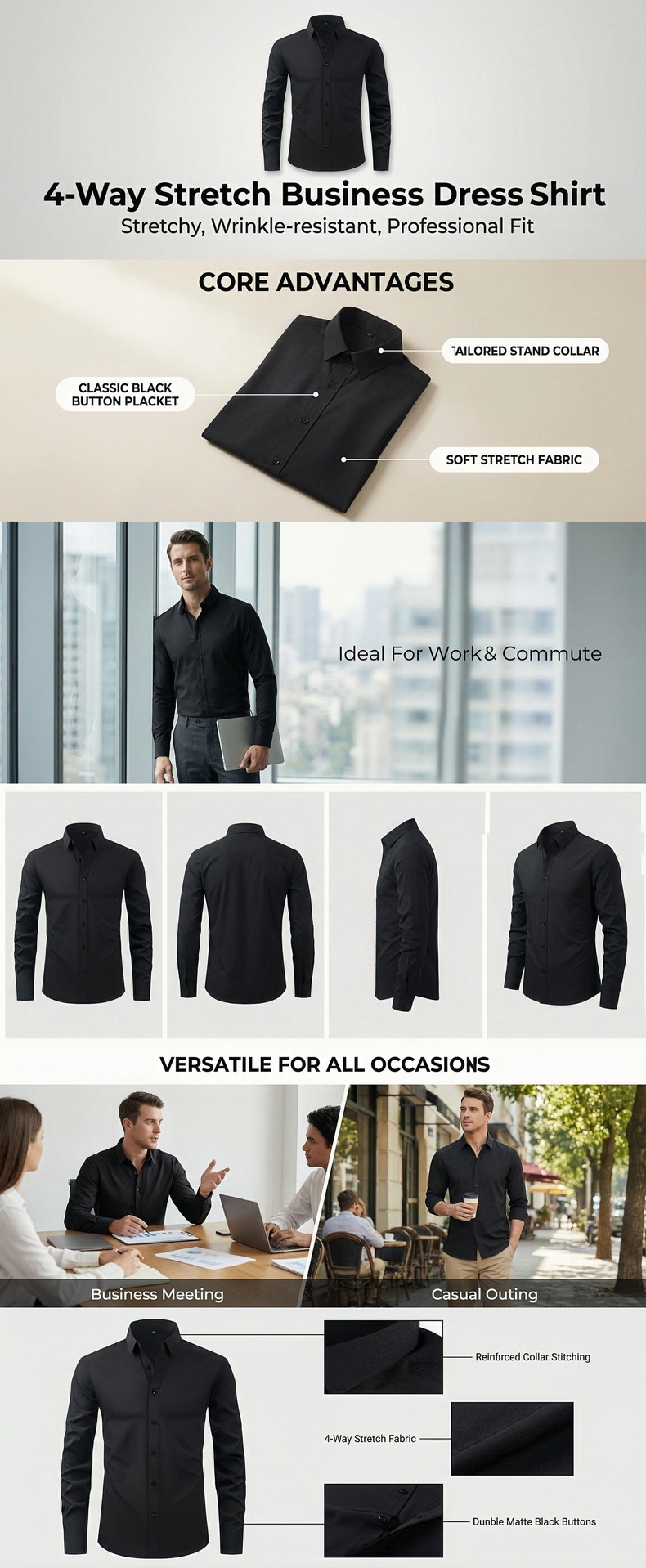 Camisa elástica de hombre con botones - Cuello clásico y cuello alto