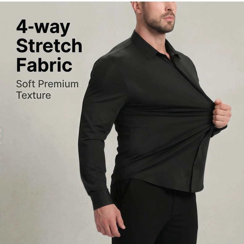 Camisa de hombre con cuello alto, imitación lino - Transpirable y elástica