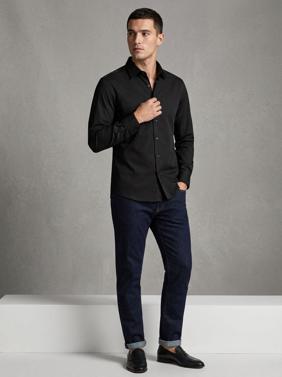 Camisa de hombre con cuello alto, imitación lino - Transpirable y elástica