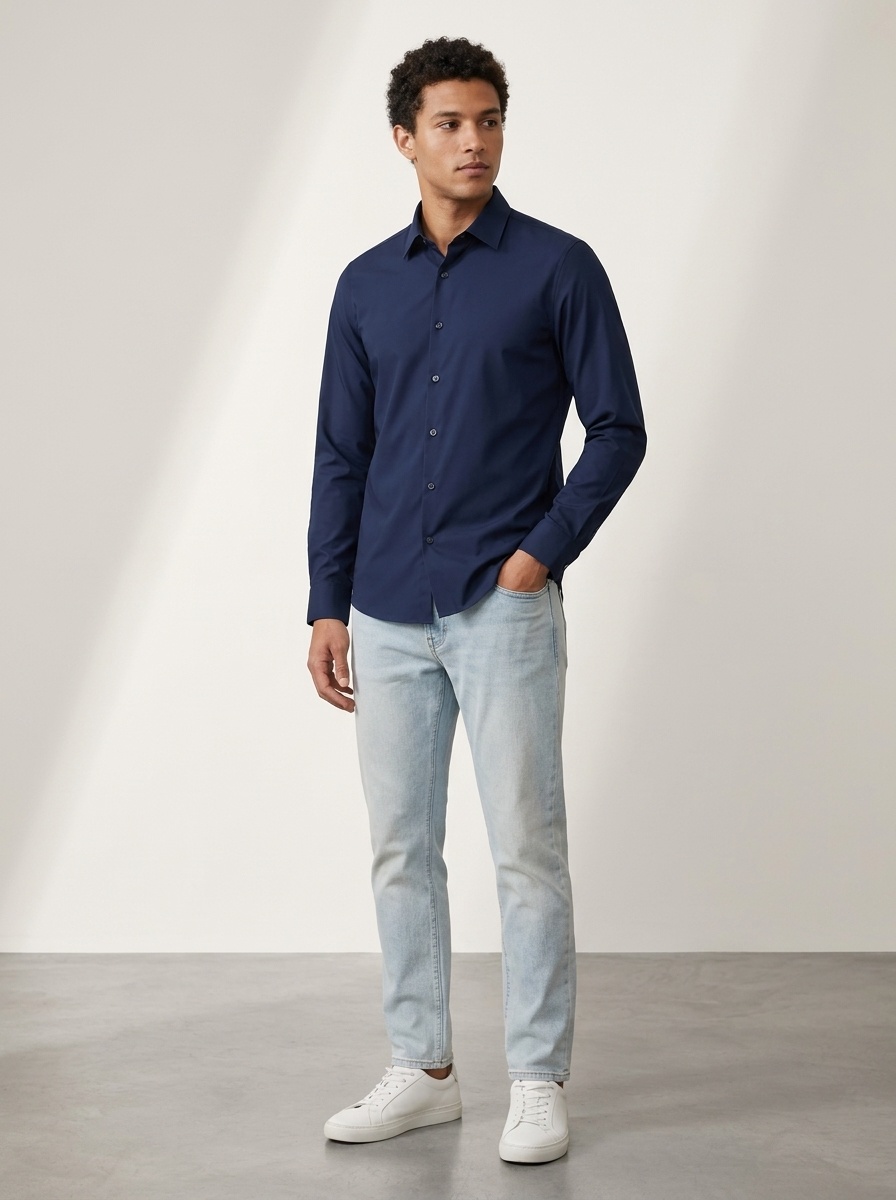 Camisa de hombre con cuello alto, imitación lino - Transpirable y elástica
