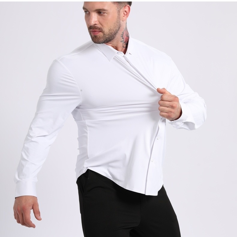 Camisa de hombre con cuello alto, imitación lino - Transpirable y elástica