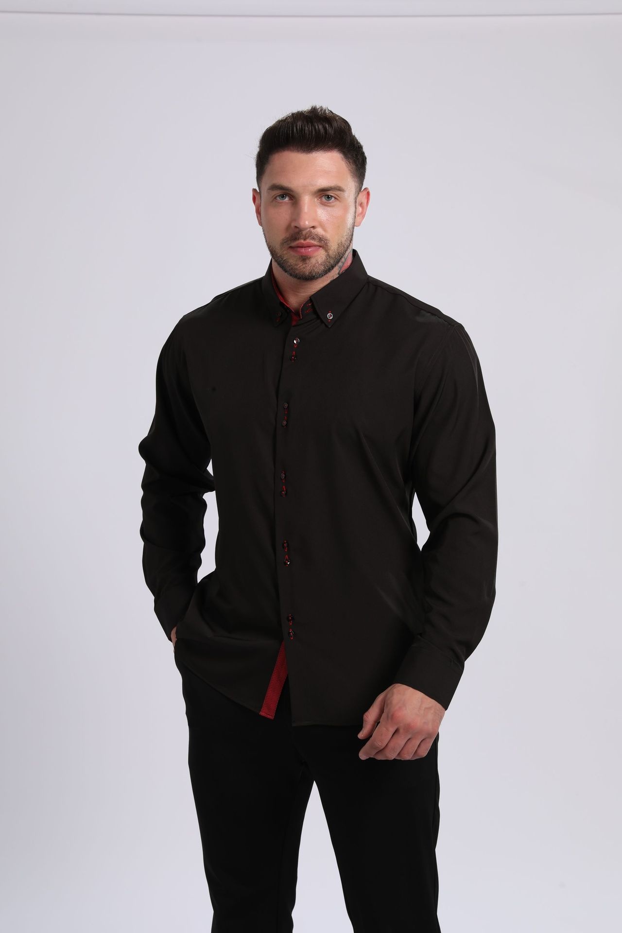 Camicia da uomo con colletto alla coreana - Tessuto effetto lino antipiega