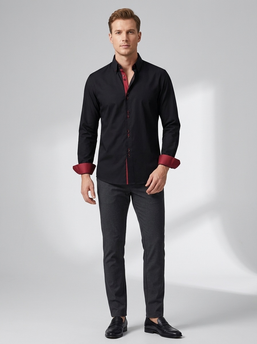 Camicia da uomo con colletto alla coreana - Tessuto effetto lino antipiega