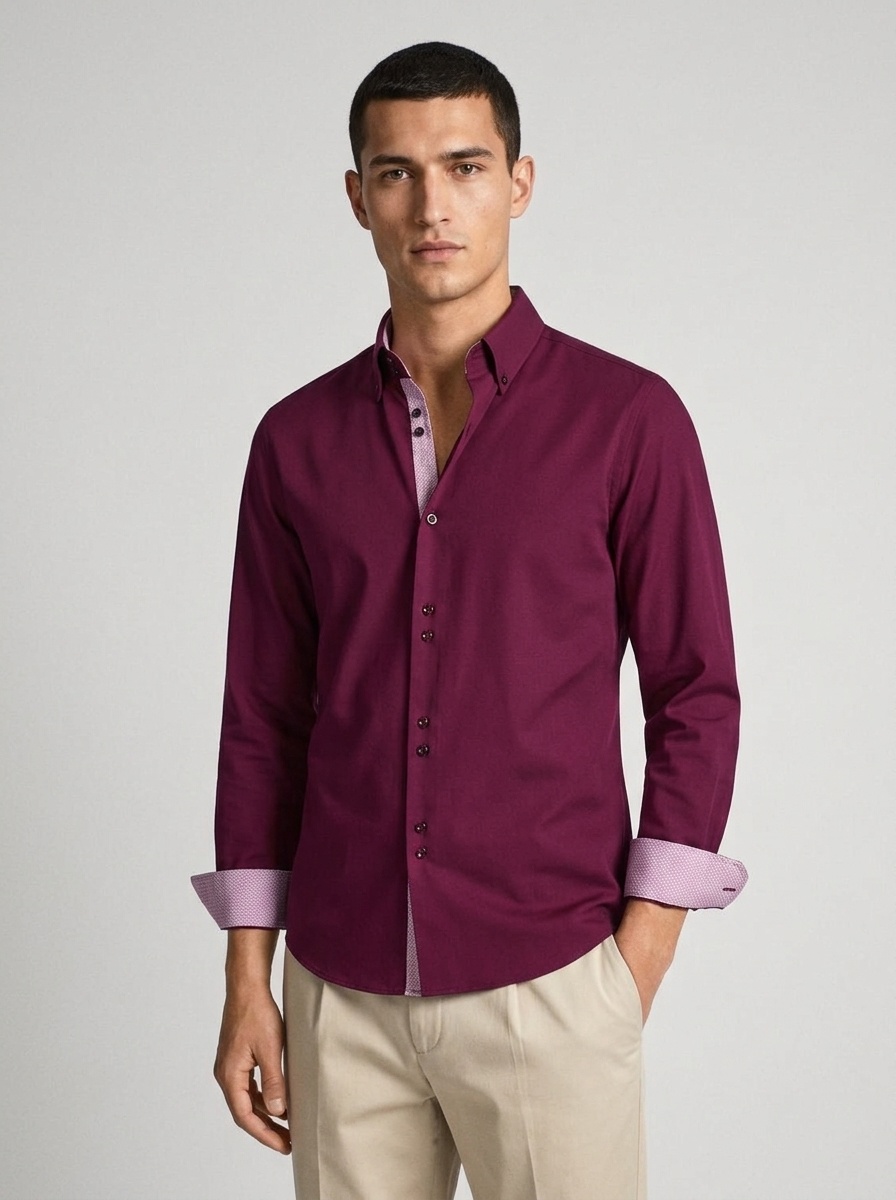 Camicia da uomo con colletto alla coreana - Tessuto effetto lino antipiega