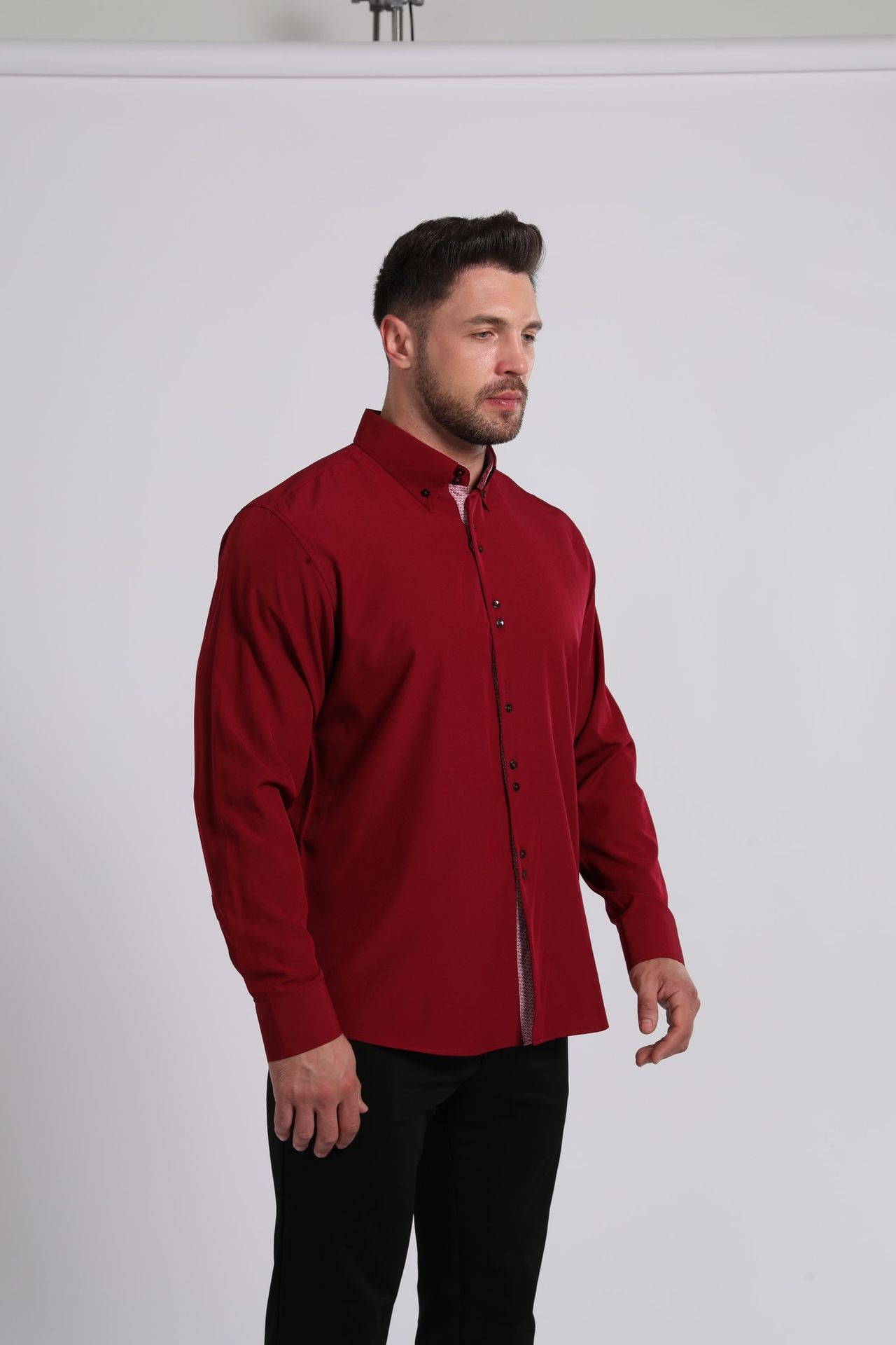 Camicia da uomo con colletto alla coreana - Tessuto effetto lino antipiega