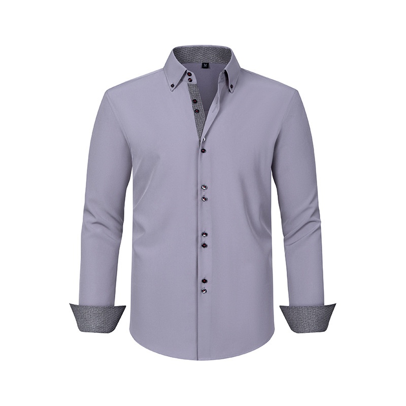 Camicia da uomo con colletto alla coreana - Tessuto effetto lino antipiega