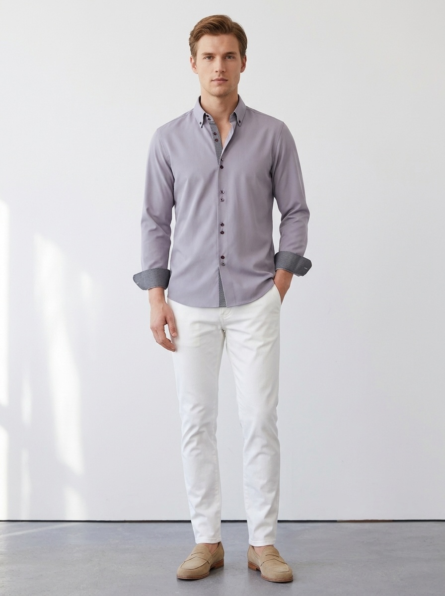 Camicia da uomo con colletto alla coreana - Tessuto effetto lino antipiega