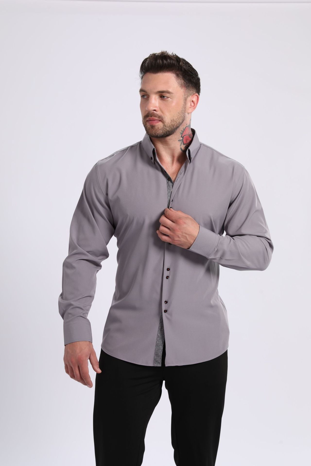 Camicia da uomo con colletto alla coreana - Tessuto effetto lino antipiega