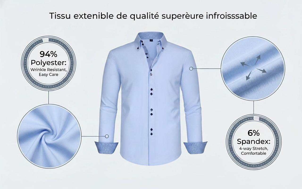 Camicia da uomo con colletto alla coreana - Tessuto effetto lino antipiega