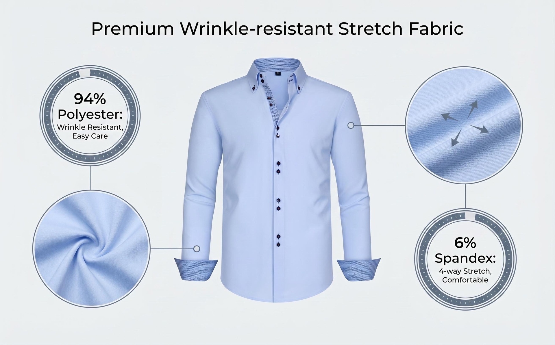 Camicia da uomo con colletto alla coreana - Tessuto effetto lino antipiega
