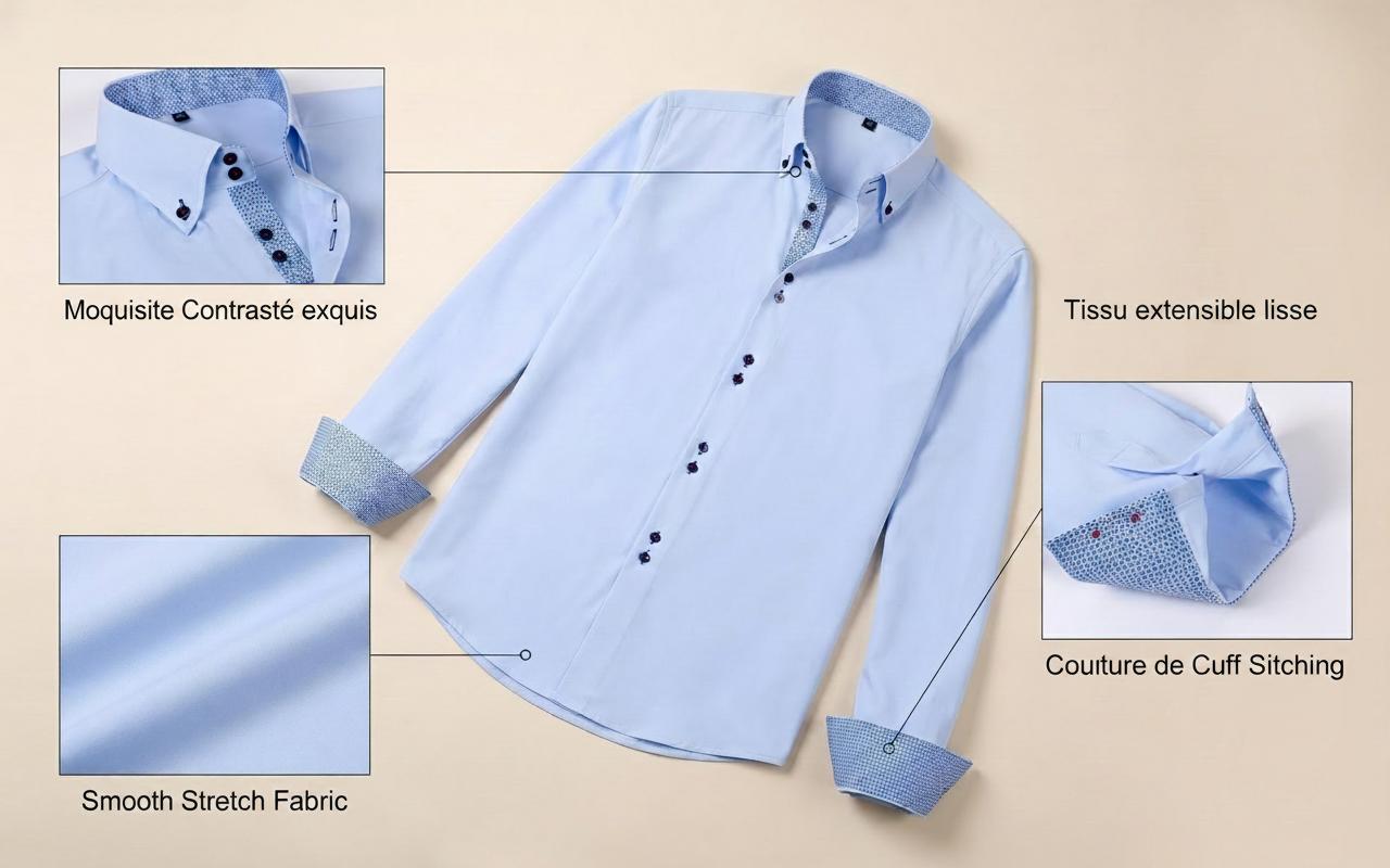 Camicia da uomo con colletto alla coreana - Tessuto effetto lino antipiega