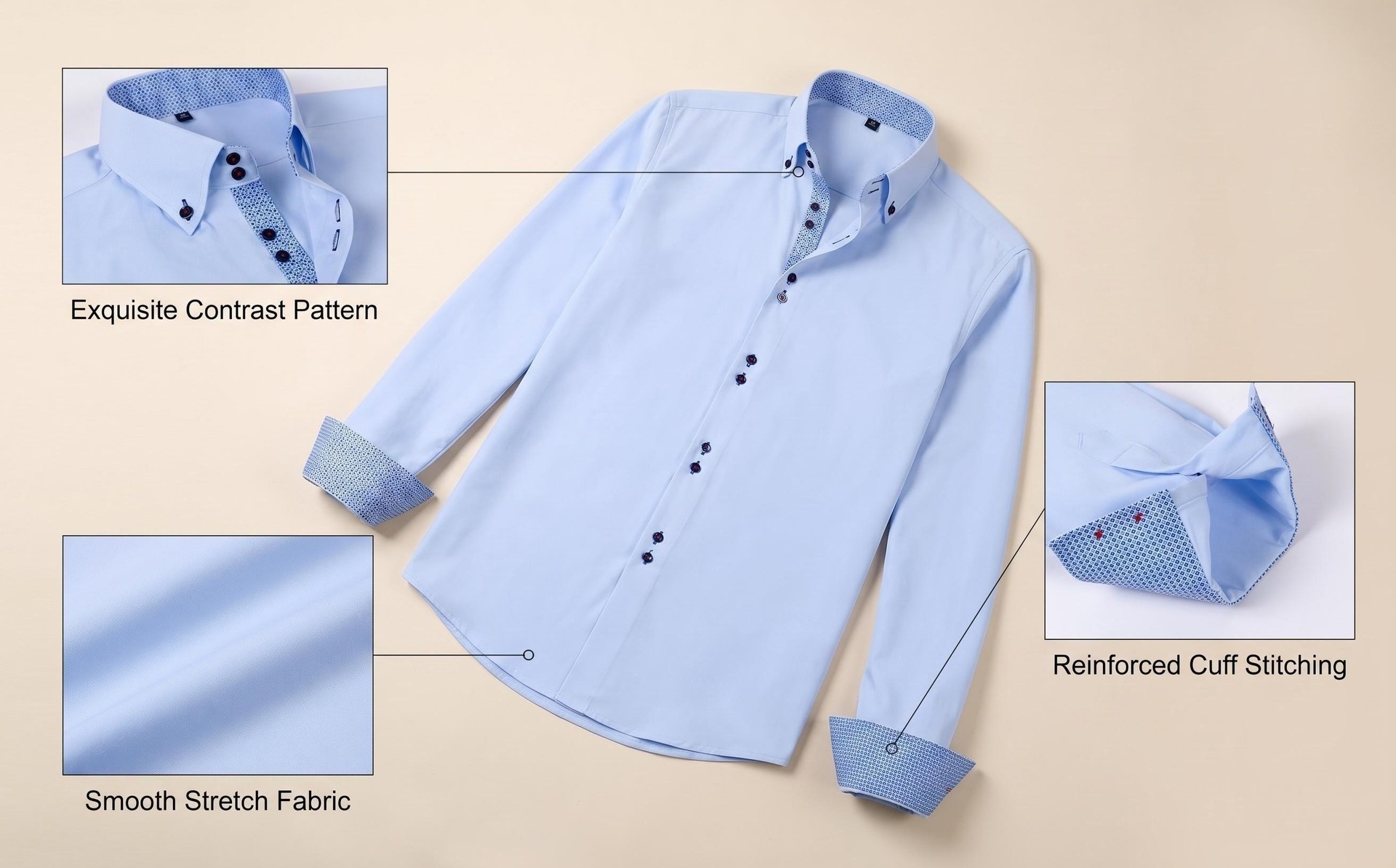 Camicia da uomo con colletto alla coreana - Tessuto effetto lino antipiega