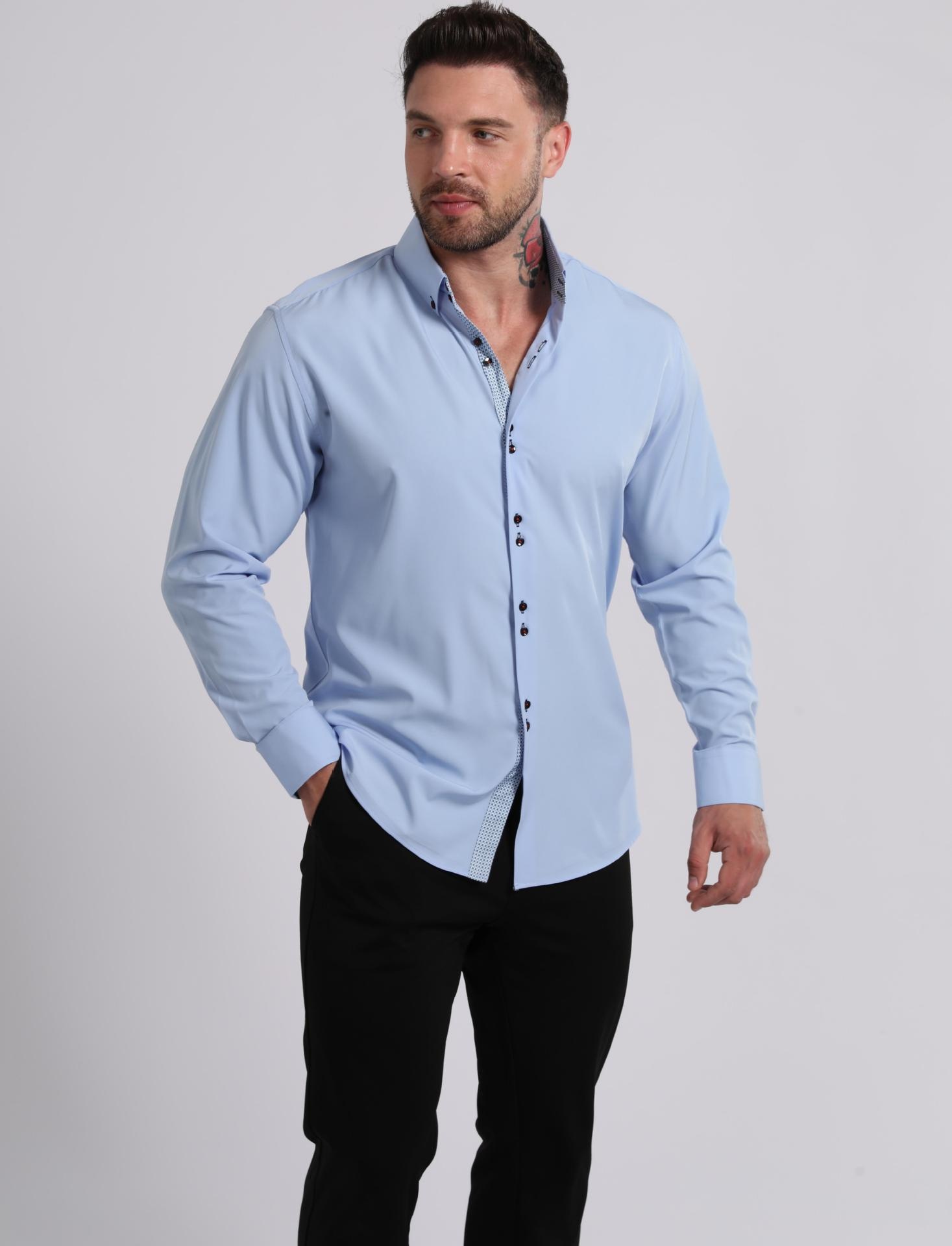 Camicia da uomo con colletto alla coreana - Tessuto effetto lino antipiega