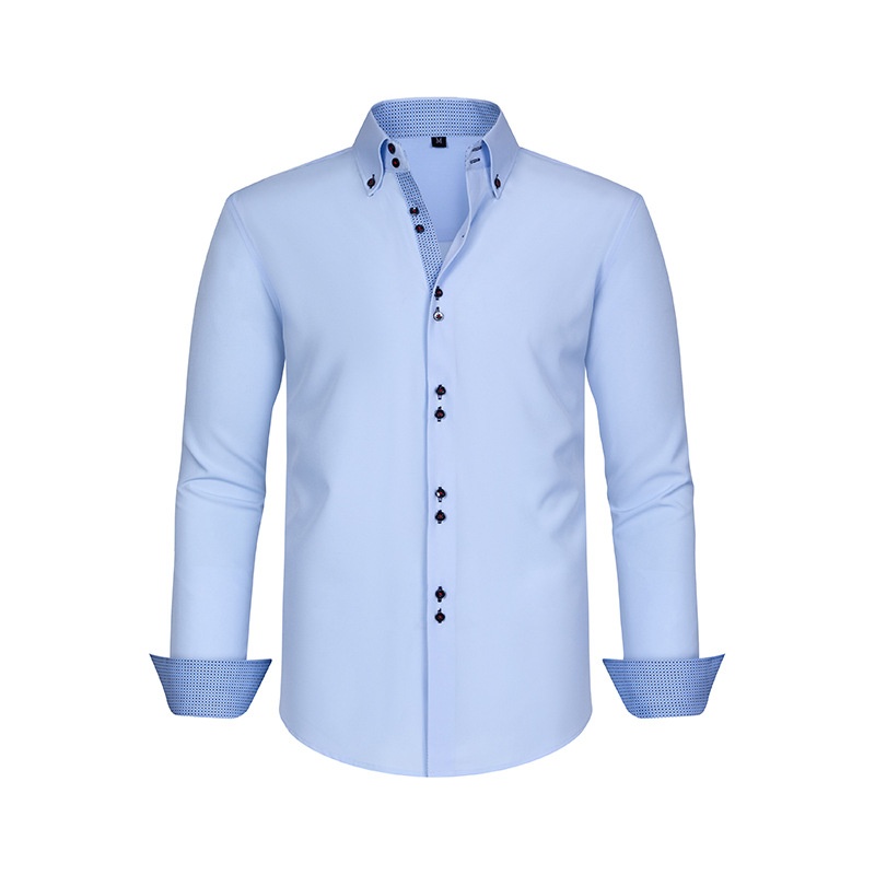 Camicia da uomo con colletto alla coreana - Tessuto effetto lino antipiega