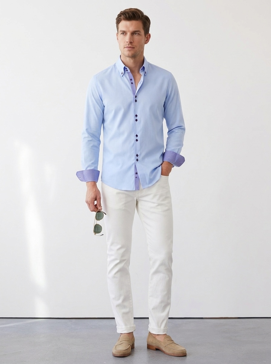 Camicia da uomo con colletto alla coreana - Tessuto effetto lino antipiega