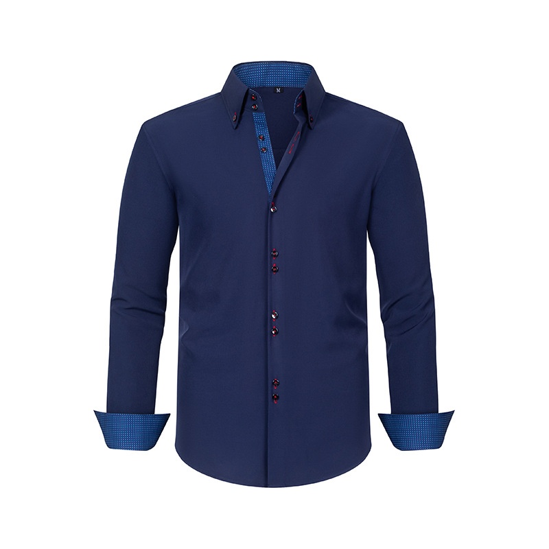 Camicia da uomo con colletto alla coreana - Tessuto effetto lino antipiega