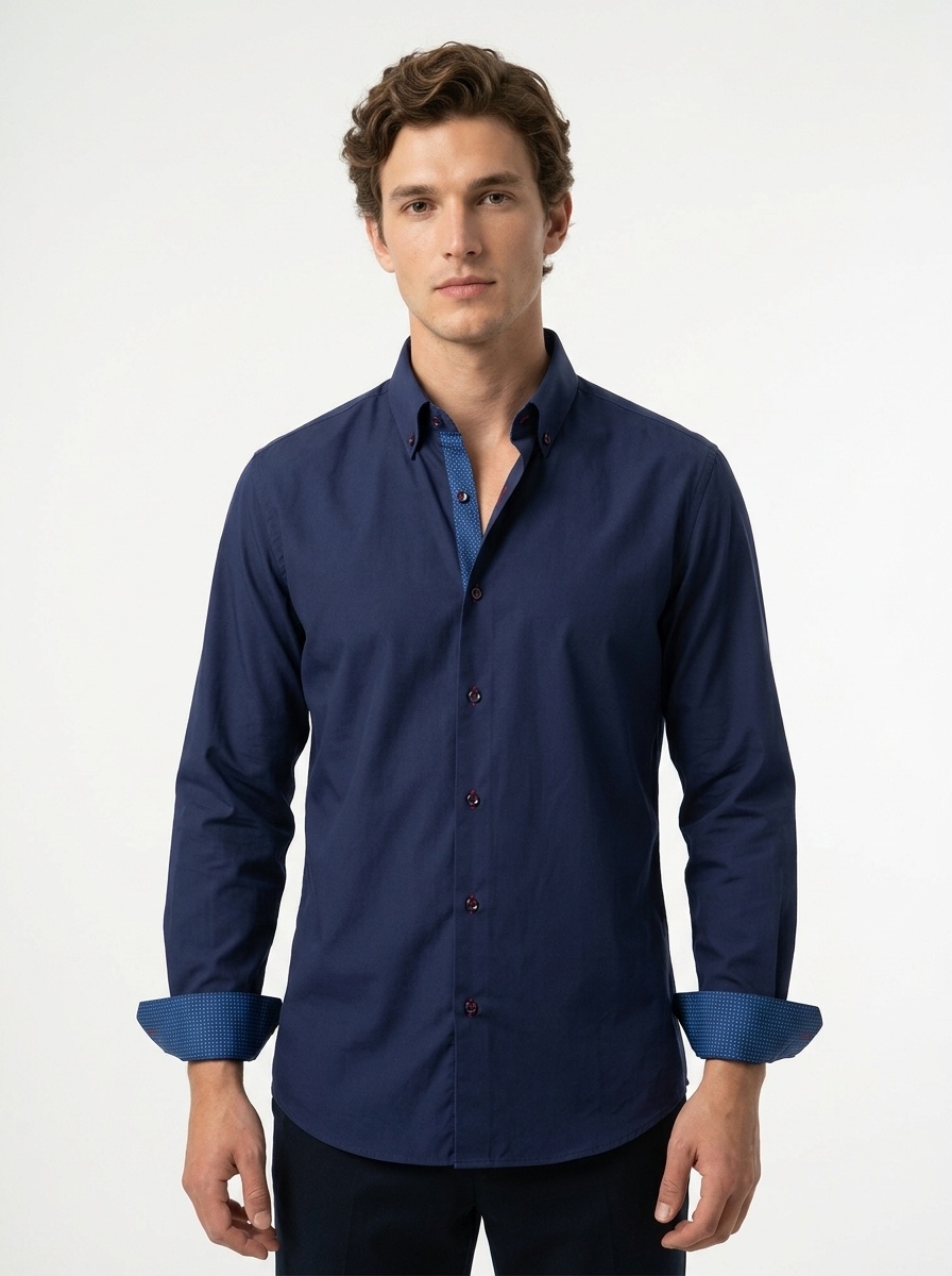 Camicia da uomo con colletto alla coreana - Tessuto effetto lino antipiega