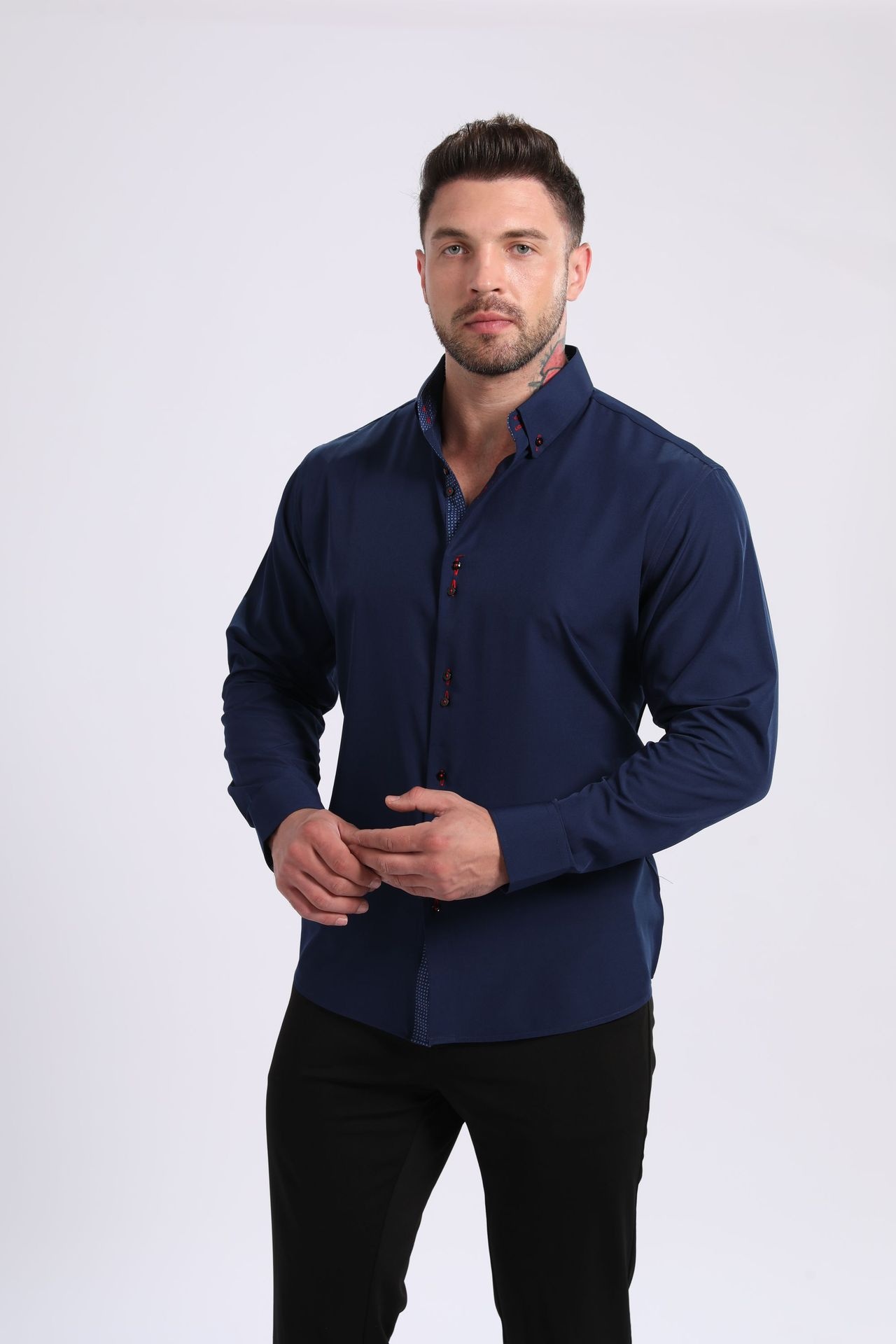 Camicia da uomo con colletto alla coreana - Tessuto effetto lino antipiega