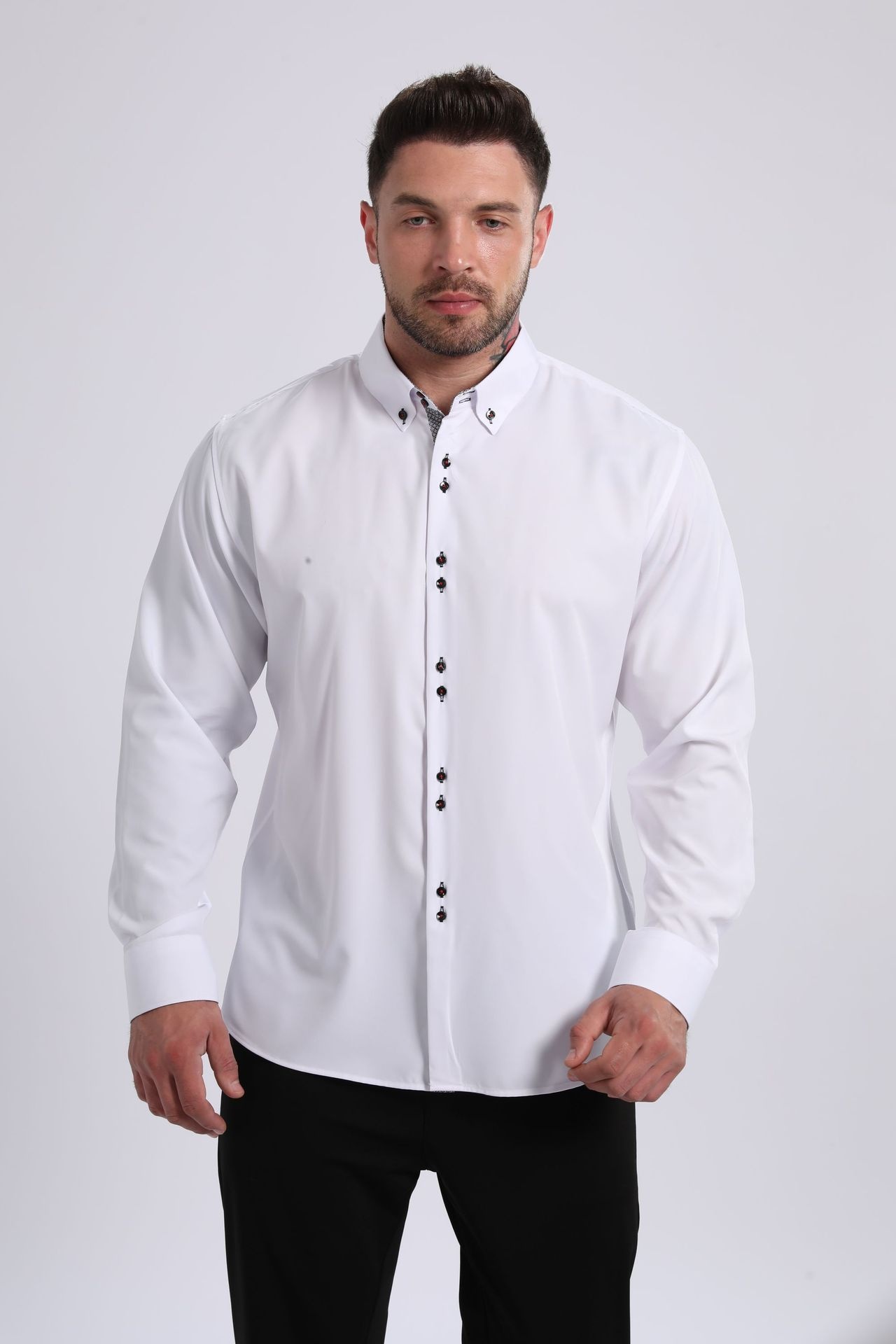 Camicia da uomo con colletto alla coreana - Tessuto effetto lino antipiega