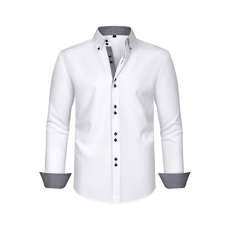 Camicia da uomo con colletto alla coreana - Tessuto effetto lino antipiega