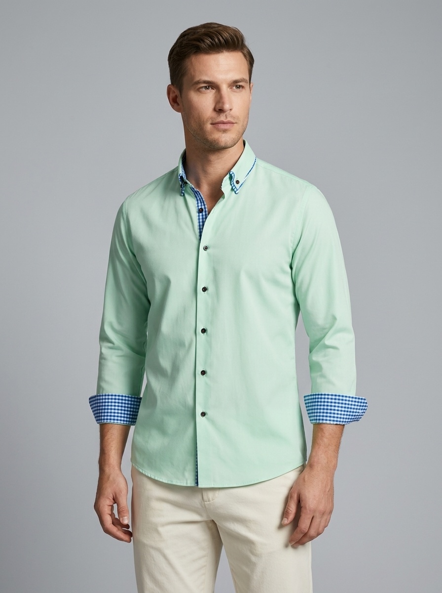 Camisa casual de hombre con botones y cuello alto.